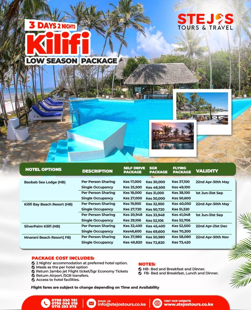 3 DAYS 2 NIGHTS LOW SEASON KILIFI PACKAGE
